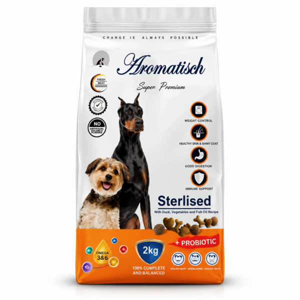 غذای خشک سگ بالغ عقیم‌شده آروماتیش با طعم اردک Aromatish Sterilized Adult Dog Dry Food Duck وزن ۲ کیلوگرم