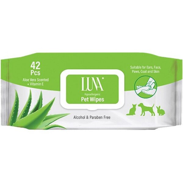 دستمال مرطوب حیوانات خانگی لونا با رایحه آلوئه‌ورا Luna Hypoallergenic Pet Wipes Aloe Vera & Vitamin E بسته 42 عددی