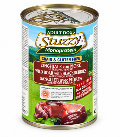 کنسرو مونو پروتئین سگ استوزی با گوشت گراز وحشی، تمشک سیاه و گیاهان پرووانس Stuzzy Monoprotein Wild Boar with Blackberriesوزن 400 گرم