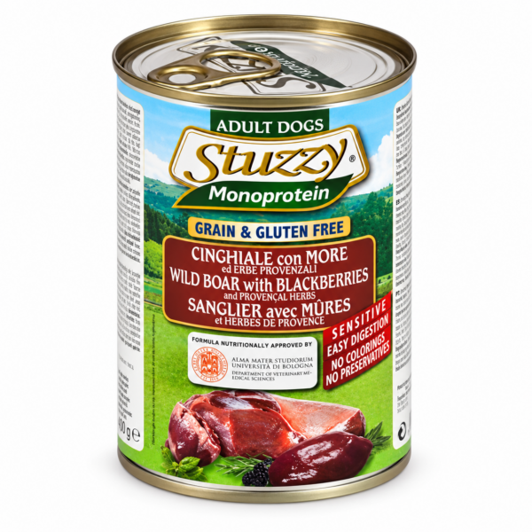 کنسرو مونو پروتئین سگ استوزی با گوشت گراز وحشی، تمشک سیاه و گیاهان پرووانس Stuzzy Monoprotein Wild Boar with Blackberriesوزن 400 گرم