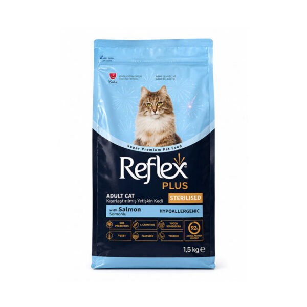 غذای خشک گربه عقیم شده رفلکس پلاس با طعم سالمون Reflex Plus Sterilised Salmon Hypoallergenic وزن ۱.۵ کیلوگرم