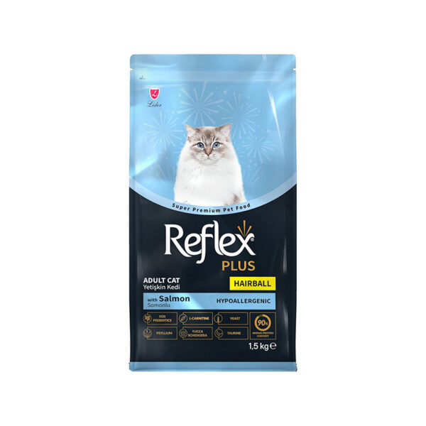 غذای خشک گربه رفلکس پلاس مدل هیربال با طعم سالمون Hairball & IndoorReflex Plus Hypoallergenic وزن 1.5 کیلوگرم