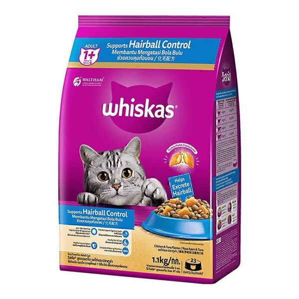 غذای خشک گربه ویسکاس ضد گلوله مویی با طعم مرغ و ماهی تن Whiskas Hairball Care Cat Food وزن 1.1 کیلوگرم