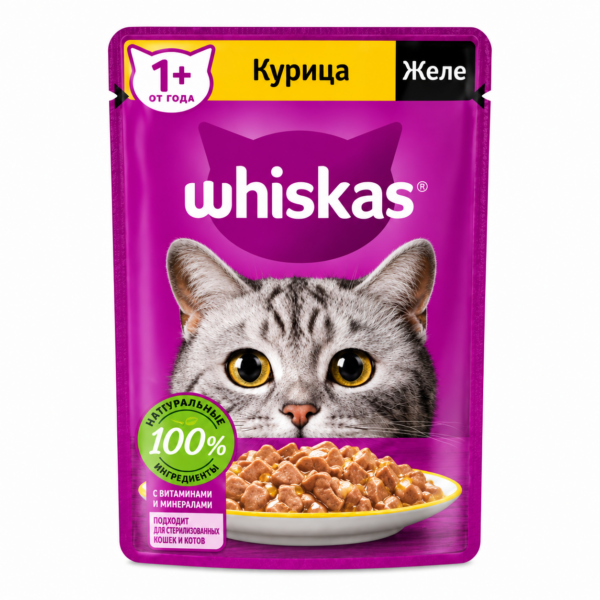 پوچ گربه ویسکاس با طعم مرغ در ژله Whiskas Chicken In Jelly وزن 85 گرم
