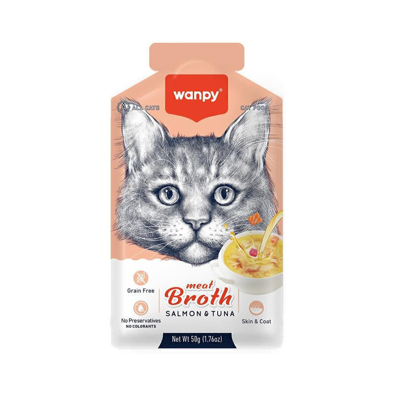 15168f86c8094950918d9e27243332bb سوپ گربه ونپی با طعم ماهی تن و سالمون Wanpy Cat Meat Broth With Tuna And Salmon وزن 50 گرم - Image 1