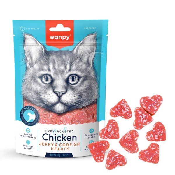 تشویقی گربه ونپی با طعم مرغ و ماهی طرح قلب Wanpy chicken jerky & cod fish hearts وزن ۸۰ گرم