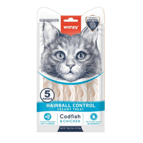 بستنی درمانی گربه ونپی ضد گلوله مویی با طعم مرغ و ماهی کاد Wanpy Hairball Control Creamy Treat بسته 5 عددی