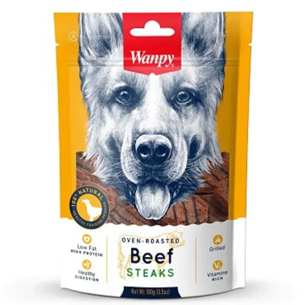 تشویقی سگ ونپی با طعم استیک گوشت گاو گریل شده Wanpy Beef Grilled Steak وزن 100 گرم