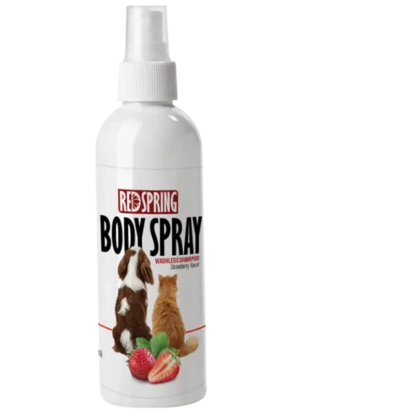 اسپری تمیز کننده بدن سگ و گربه رد اسپرینگ رایحه توت فرنگی Red Spring Body Spray Washless Shampoo Strawberry حجم 150 میلی‌لیتر