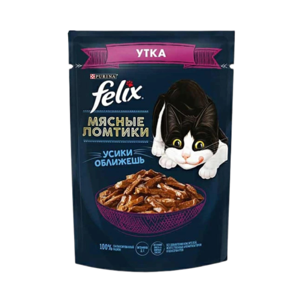 پوچ گربه طعم اردک تکه‌ای در سس برند فلیکس Felix Adult Cat Pouch Duck in Sauce وزن 75 گرم