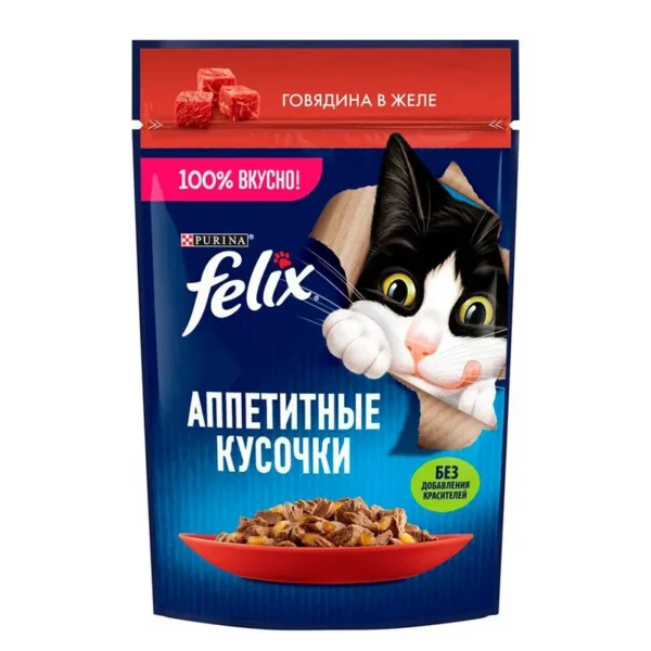 پوچ گربه بالغ فلیکس با طعم گوشت گاو در ژله Felix Adult Wet Cat Food with Beef in Jelly وزن 75 گرم