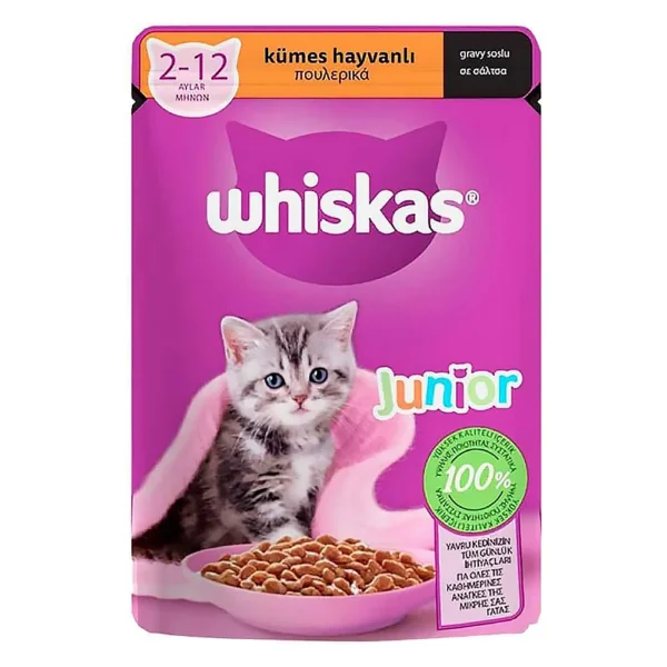 پوچ بچه گربه ویسکاس با طعم مرغ در سس Whiskas Kitten Pouch Chicken in Gravy وزن 85 گرم
