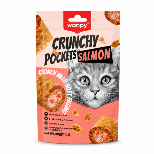 تشویقی گربه ونپی با طعم ماهی سالمون و خاویار Wanpy Crunchy Pockets وزن 60 گرم