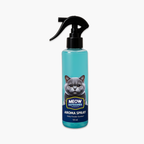 اسپری خوشبوکننده ظرف خاک گربه میوکت با رایحه پودر بچه MeowCat Cat Litter Deodorizer Spray Baby Powder حجم ۱۲۵ میلی‌لیتر