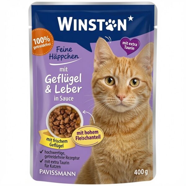پوچ گربه وینستون با طعم مرغ و جگر در ژله Winston Poultry & Liver In Jelly وزن 100 گرم