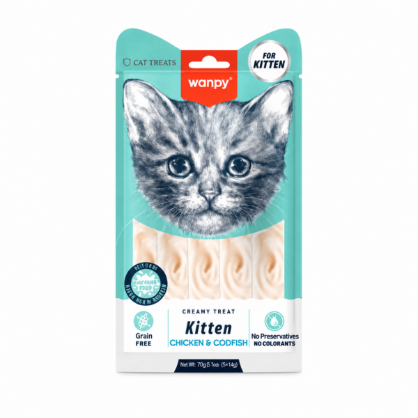 تشویقی بستنی بچه گربه ونپی با طعم مرغ و ماهی کاد Wanpy Creamy Treat Kitten Chicken & Cod تک عددی
