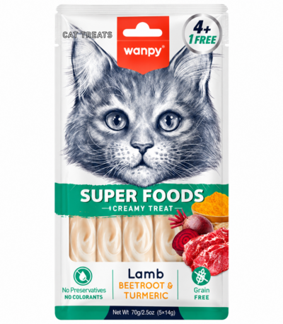 بستنی گربه ونپی سوپرفود با طعم بره، چغندر و زردچوبه Wanpy Super Foods Lamb, Beetroot & Turmeric Creamy Treat تک عددی وزن 14 گرم