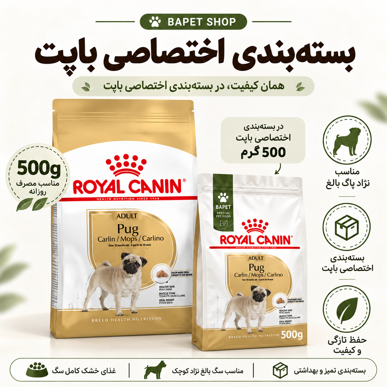 b9439fd3-fb66-4ff9-9c39-4d05a0f2fb86 غذای خشک سگ پاگ رویال کنین فله Royal Canin Pug Adult وزن 500 گرم - Image 1